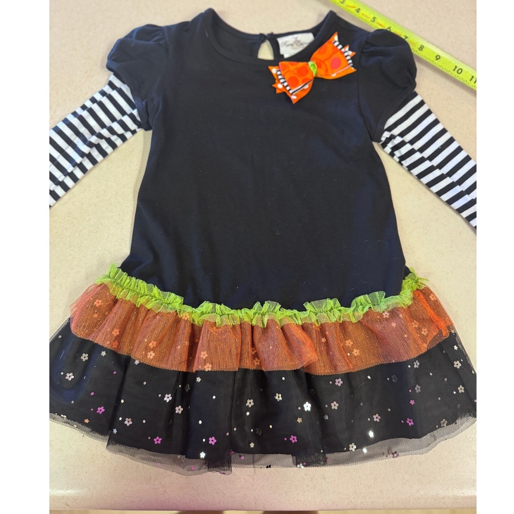 Rare Editions Girls Halloween Tutu Dress Black Orange Striped Sequin Size 6
